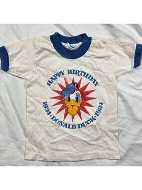 Walt Disney Donald Duck Vintage 50th Birthday Ringer Tee Kids Small White Blue